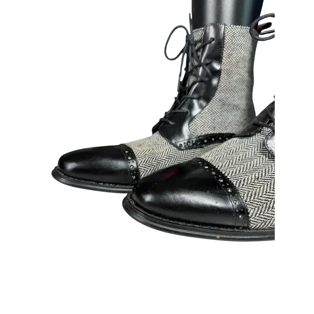 GIOVANNI Boots Black Leather Grey Herringbone Tweed Cloth Panel Cap Toe Lace Up